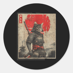 Vintage Samurai Cat Japanese Graphic Tees Mens Uki Classic Round Sticker