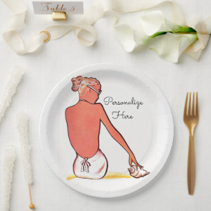 Vintage sandy beach retro seashell girl summer paper plate
