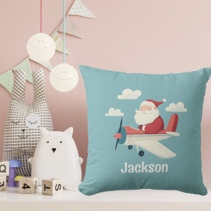 Vintage Santa Airplane Clouds Boy Custom Christmas Throw Pillow