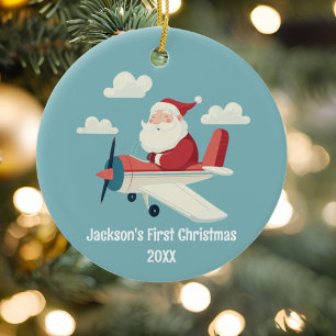 Vintage Santa Airplane Clouds Boy First Christmas Ceramic Ornament