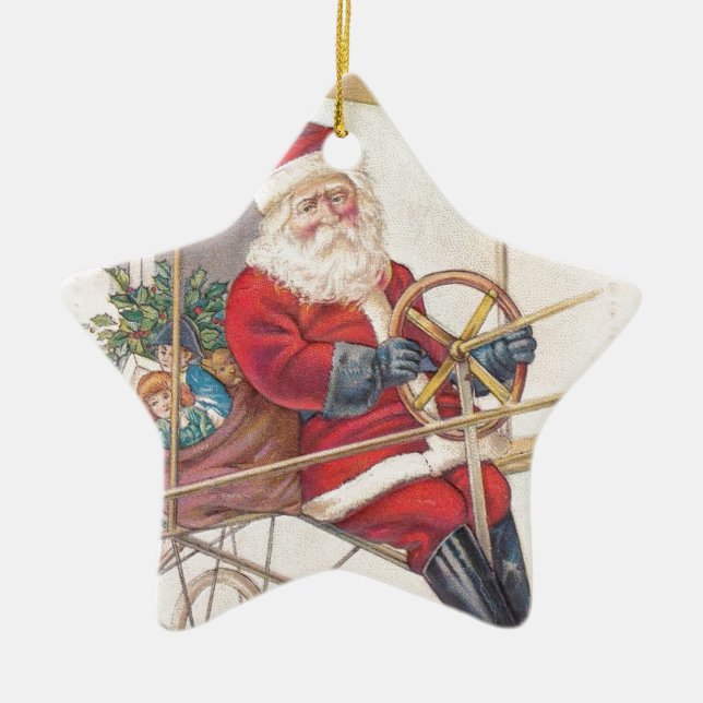 Vintage Santa Airship Fantasy Ceramic Ornament (Front)