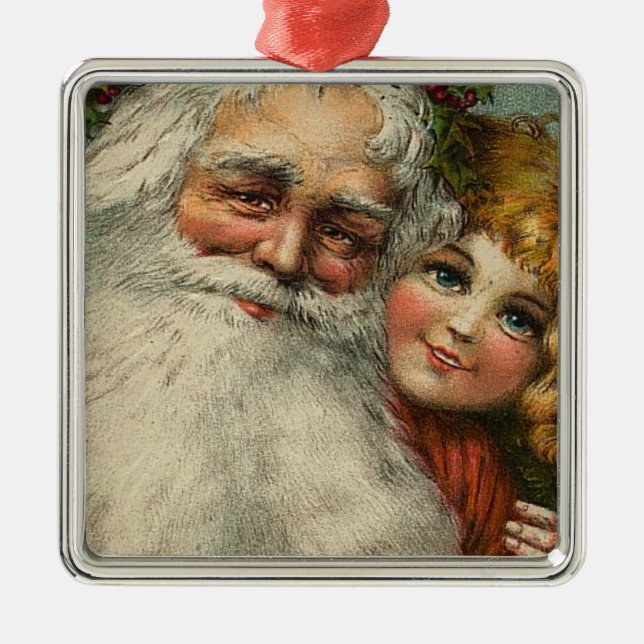 Vintage Santa and Child Metal Ornament (Front)