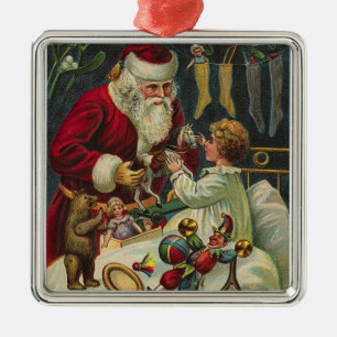 Vintage Santa and Child With Presents Metal Ornament