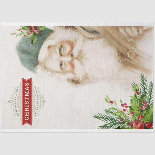 Vintage Santa and Christmas Greenery Decoupage Tissue Paper (Front)