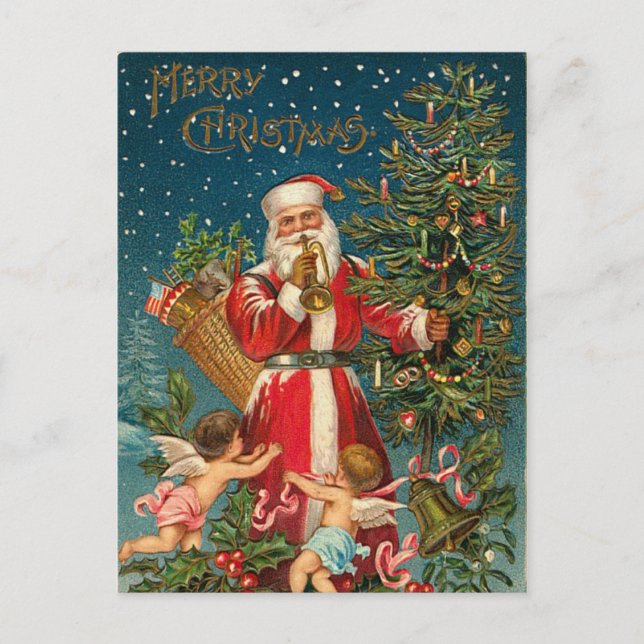 Vintage Santa and Christmas Tree Holiday Postcard (Front)