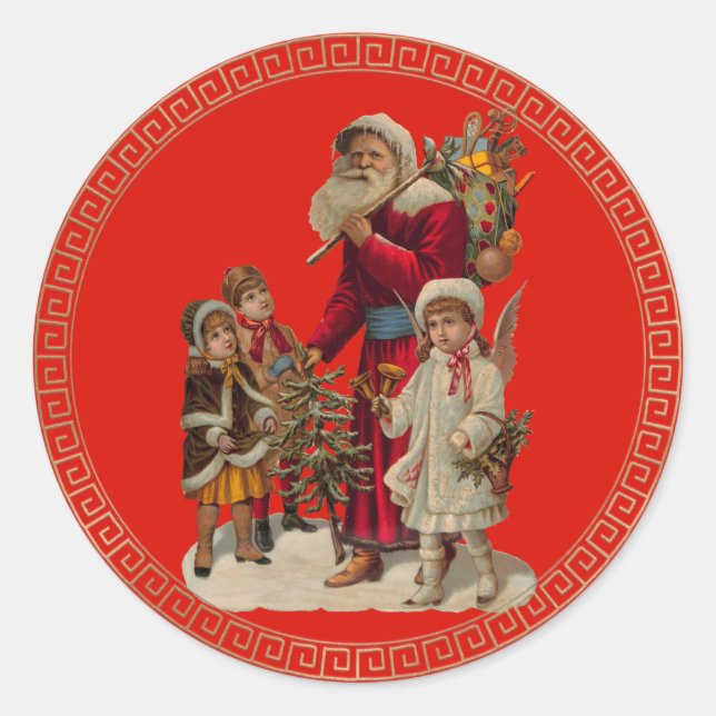 Vintage Santa and Friends Christmas Classic Round Sticker (Front)