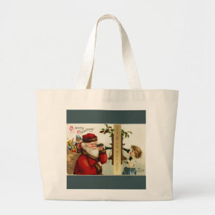 Vintage Santa and Girl on the Telephone Large Tote Bag