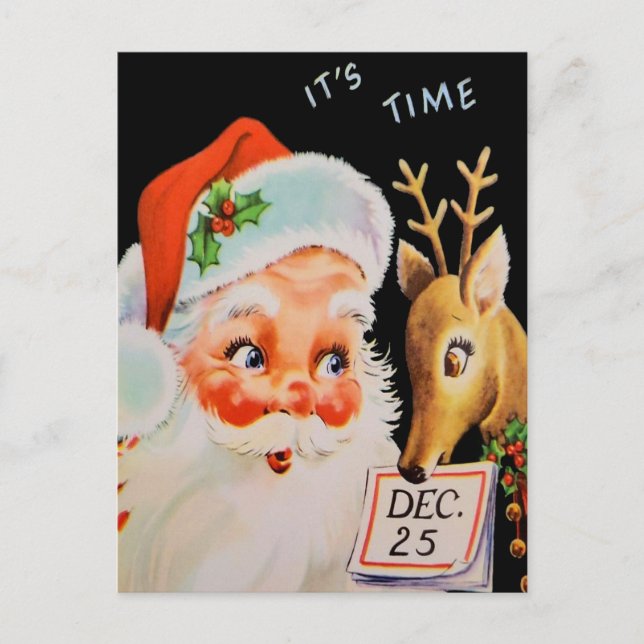Vintage Santa And His Reindeer  Holiday Postcard (Front)