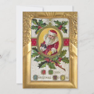 Vintage Santa and Holly in Ornate Gold Frame Holiday Card