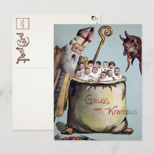 Vintage Santa and Krampus with Kids Postcard 