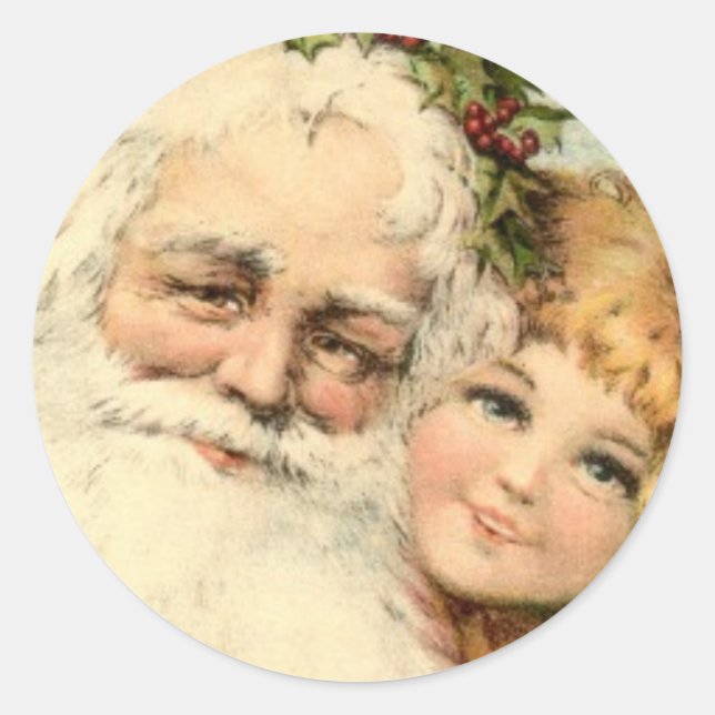 VINTAGE SANTA AND LITTLE GIRL ROUND Sticker (Front)