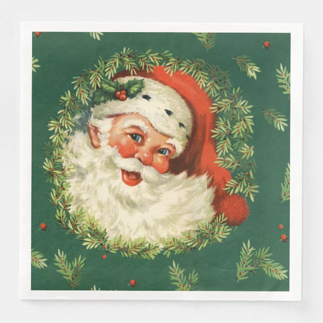Vintage Santa and Pine Wreath Dinner Paper Napkin (Front)