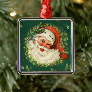 Vintage Santa and Pine Wreath Metal Ornament