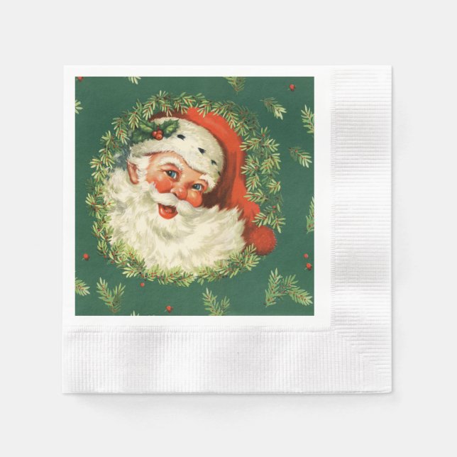 Vintage Santa and Pine Wreath Paper Napkin (Front)