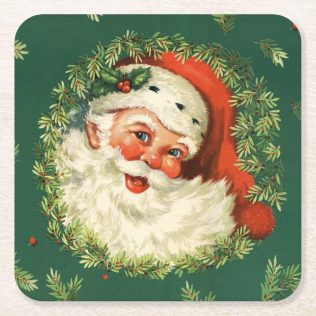 Vintage Santa and Pine Wreath Square Paper Coaster (Front)