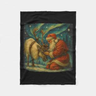 Vintage Santa And Reindeer Christmas Night Scene Fleece Blanket