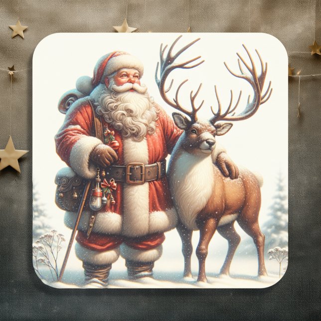 Vintage Santa and Reindeer Nostalgic Christmas Square Sticker (Creator Uploaded)