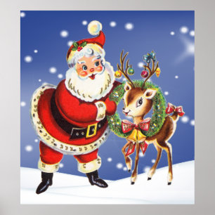 vintage santa and reindeer poster