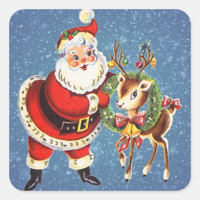 vintage santa and reindeer square sticker (Front)