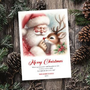 Vintage Santa And Rudolph Joyful Christmas Greetin Holiday Card
