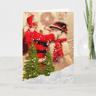 Vintage Santa and Snowman Christmas Holiday Card