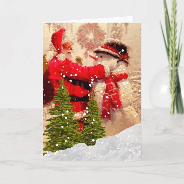 Vintage Santa and Snowman Christmas Holiday Card (Front)