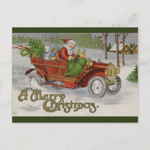 Vintage Santa And The Red Car Christmas Greetings Postcard