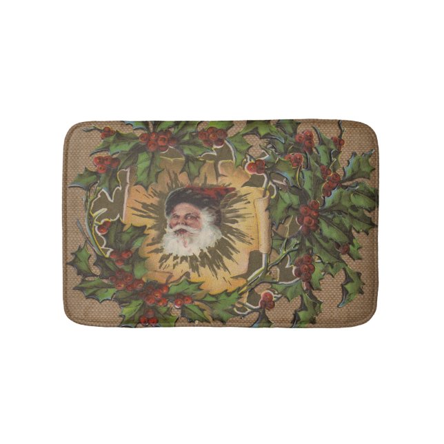 Vintage Santa Antique Holly Christmas Bath Mat (Front)