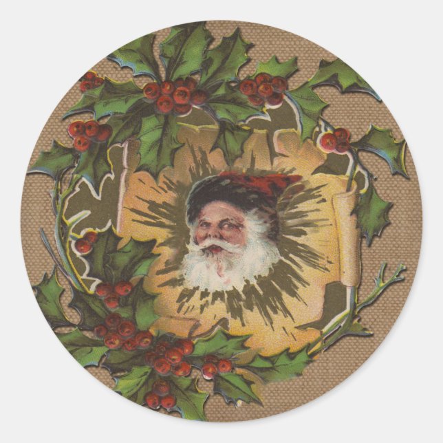 Vintage Santa Antique Holly Christmas Classic Round Sticker (Front)