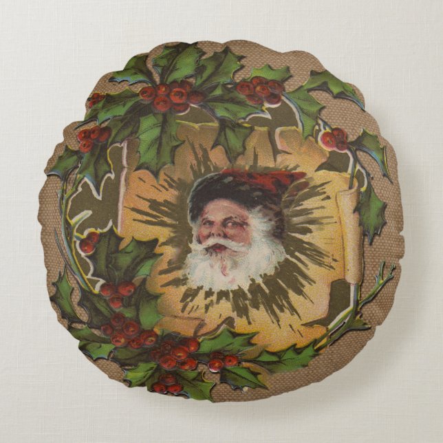 Vintage Santa Antique Holly Christmas Round Pillow (Front)