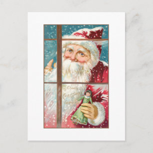 Vintage Santa at Snowy Window Postcard