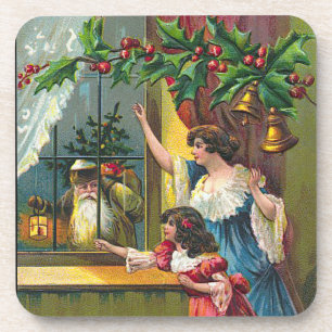 Vintage Santa at Window Set of Cork Coasters