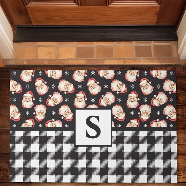 Vintage Santa Black Gingham Monogrammed Christmas Doormat (Creator Uploaded)