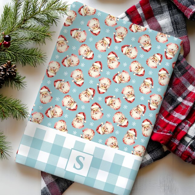 Vintage Santa Blue Gingham Monogrammed Christmas Kitchen Towel (Creator Uploaded)