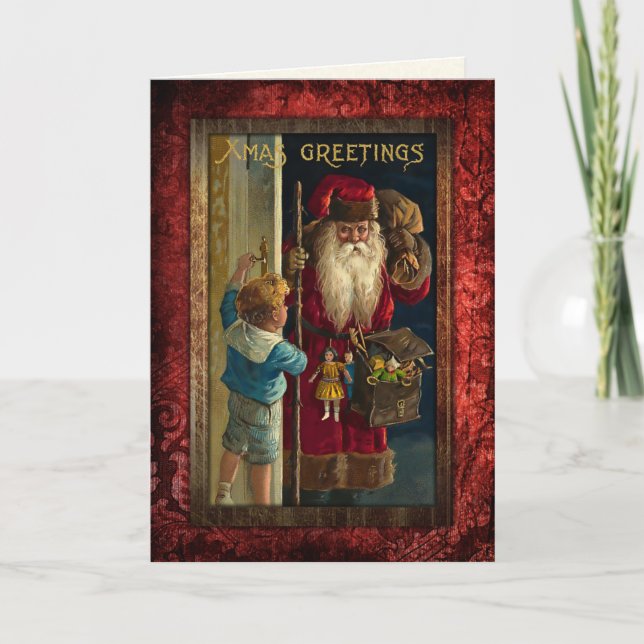 Vintage Santa Bringing Toys Holiday Card (Front)