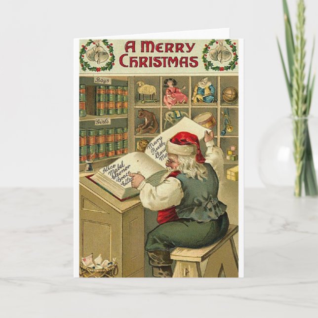Vintage Santa Checking List Christmas Card (Front)