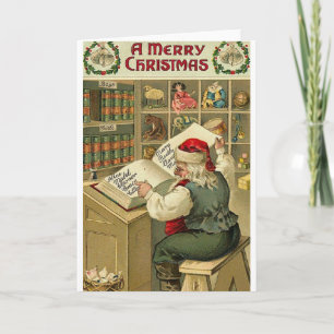 Vintage Santa Checking List Christmas Card