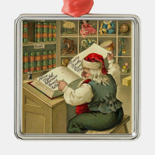 Vintage Santa Checks His List Metal Ornament
