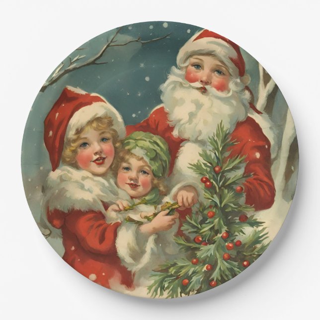 Vintage Santa, Children and Christmas Tree  Paper Plate (Front)