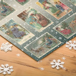 Vintage Santa Christmas Art with Silver Highlights Tissue Paper<br><div class="desc">Festive and unique vintage Santa collage featuring Victorian-era Christmas cards on light and dark blue/green background dotted with snowflakes. Cards depict Old World Santa with children and in a snowy woodland with sleigh and reindeer and Christmas greetings in silver typography. Each card features silver embossed (style) highlights. Seamless repeating pattern...</div>