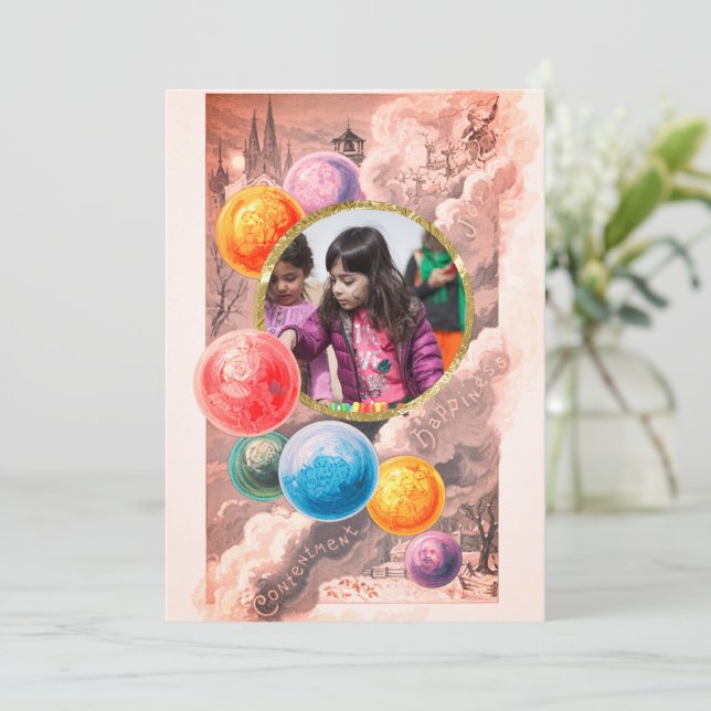 Vintage Santa Christmas Bubbles Joy & Happiness Holiday Card (Standing Front)