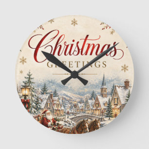 Vintage Santa Christmas Card Classic Holiday style Round Clock