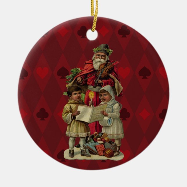 Vintage Santa Christmas Music Singing Ceramic Ornament (Front)