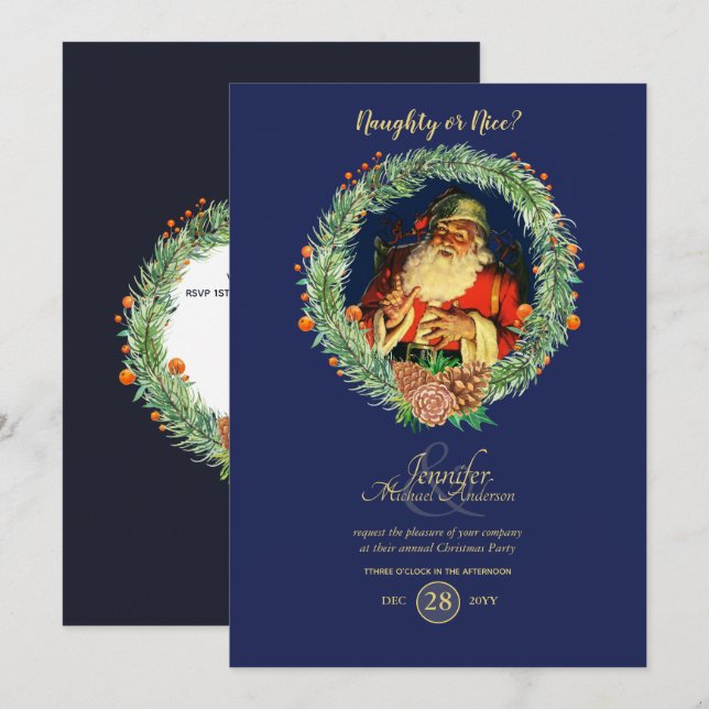 Vintage Santa Christmas Party Invitation Blue Red (Front/Back)