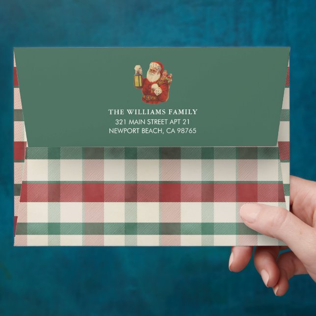 Vintage Santa Christmas Red Green Plaid Lined Envelope (Hand)