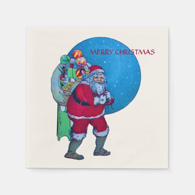VINTAGE SANTA,CHRISTMAS SACK ,TOYS IN STARRY SKY NAPKIN (Front)
