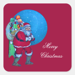 VINTAGE SANTA,CHRISTMAS SACK ,TOYS IN STARRY SKY SQUARE STICKER