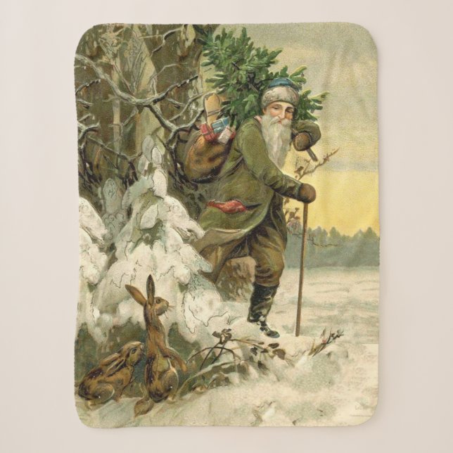 Vintage Santa Christmas Victorian Holiday Sherpa Blanket (Front)