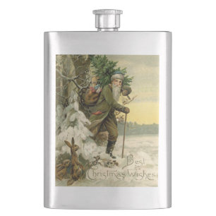 Vintage Santa Christmas Victorian Holiday Tree  Hip Flask