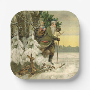 Vintage Santa Christmas Victorian Holiday Tree  Paper Plate